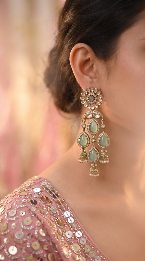 Mint Green and Gold Kundan Cascading Dangling Earrings side view, Cunei India