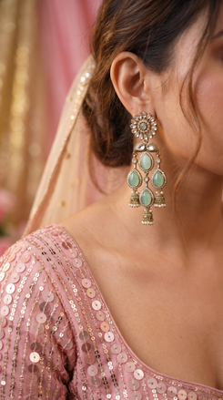 Mint Green and Gold Kundan Cascading Dangling Earrings detail, Cunei India