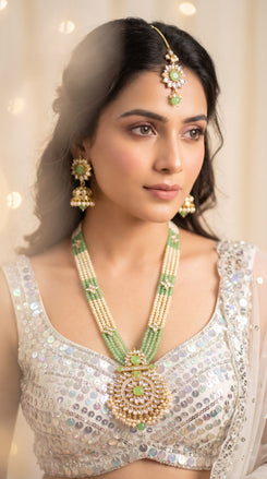 Mint Green and Gold Multi Strand Pearl Bead Long Necklace Set side view, Cunei India