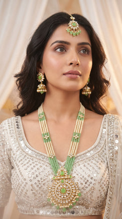 Mint Green and Gold Multi Strand Pearl Bead Long Necklace Set detail, Cunei India