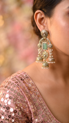 Mint Green and Gold Pearl Ethnic Jhumka Earrings side view, Cunei India