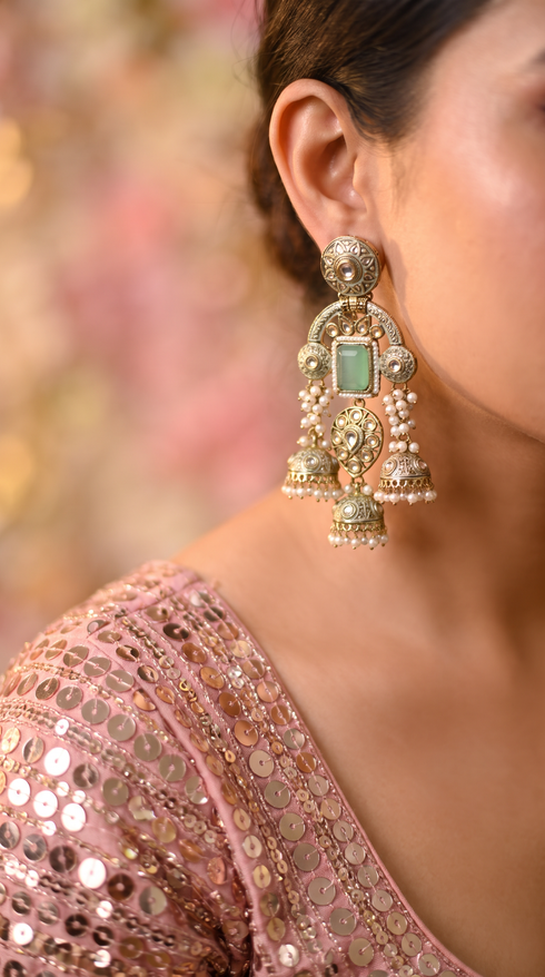 Mint Green and Gold Pearl Ethnic Jhumka Earrings side view, Cunei India
