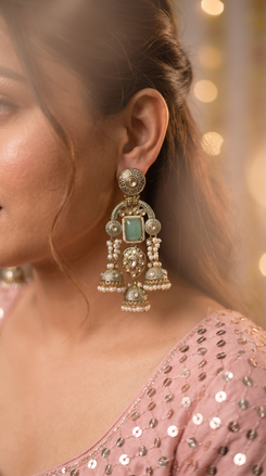 Mint Green and Gold Pearl Ethnic Jhumka Earrings product photo, Cunei India