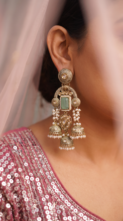 Mint Green and Gold Pearl Ethnic Jhumka Earrings detail, Cunei India