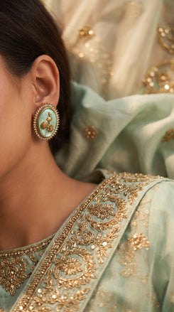Mint Green and Gold Cz Peacock Brooch side view, Cunei India