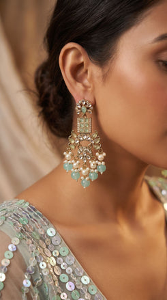 Mint Green Kundan Drop Dangling Earrings side view, Cunei India