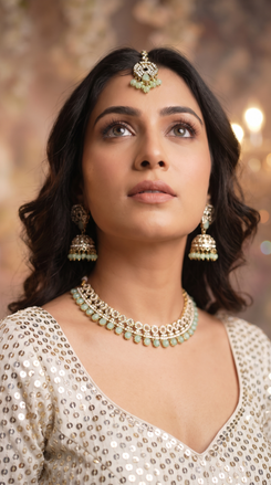 Mint Green Three Piece Crystal Drops Necklace Set - view 2