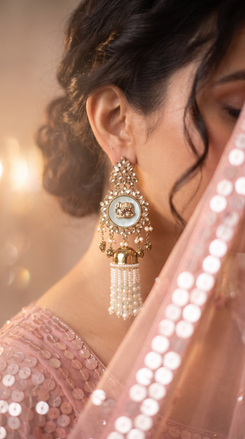 Mint Green and White Kundan Ethnic Hanging Earrings side view, Cunei India