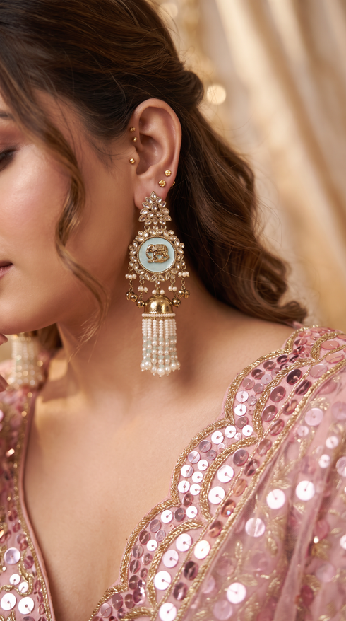 Mint Green and White Kundan Ethnic Hanging Earrings product photo, Cunei India