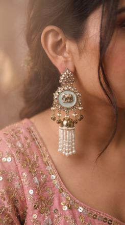 Mint Green and White Kundan Ethnic Hanging Earrings detail, Cunei India