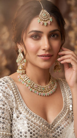 Mint and Pink Kundan Drops Necklace Set side view, Cunei India