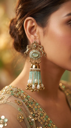 Mint Royal Empress Horse Jhumka Dangling Earrings side view, Cunei India