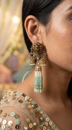 Mint Royal Lion Jhumka Dangling Earrings side view, Cunei India