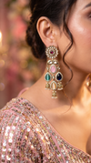 Multi-Color Kundan Cascading Dangling Earrings side view, Cunei India