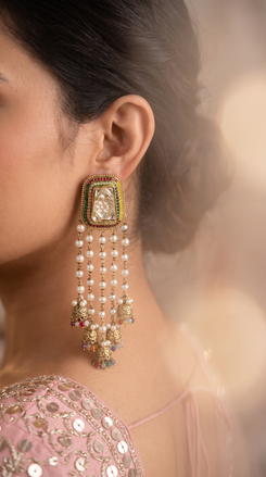 Multi-Color Pearl Cascading Hanging Earrings side view, Cunei India