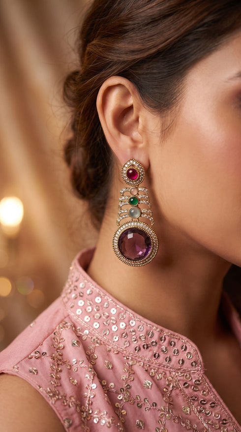 Multi-Color Crystal Cascading Hanging Earrings product photo, Cunei India