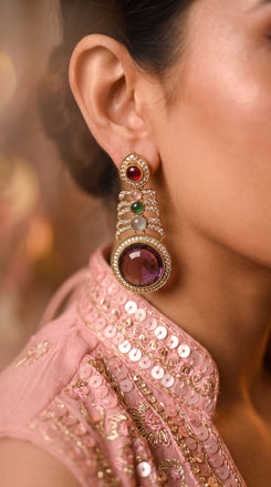 Multi-Color Crystal Cascading Hanging Earrings side view, Cunei India