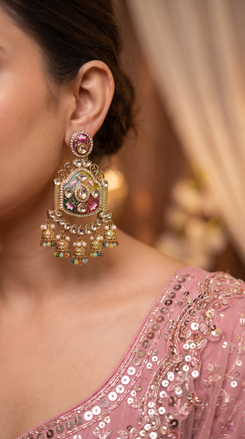 Multi-Color Kundan Ethnic Hanging Earrings side view, Cunei India