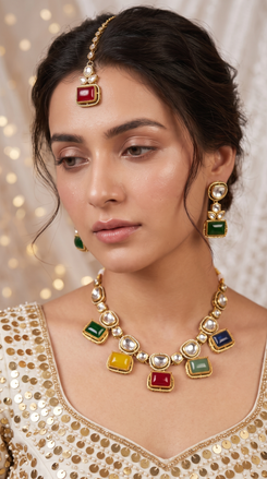 Multi Color Three Piece Square Kundan Drops Necklace Set - view 2