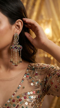 Multi Colour Crystal Ganesha Elephant Dangling Earrings side view, Cunei India