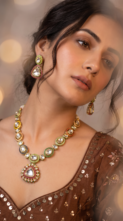Multicolour Kundan Stones Necklace Set