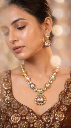 Multicolour Kundan Stones Necklace Set - view 2