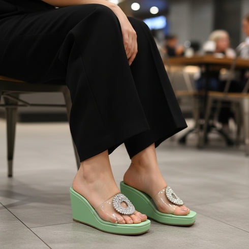 Pastel Green Wedges with Transparent Strap