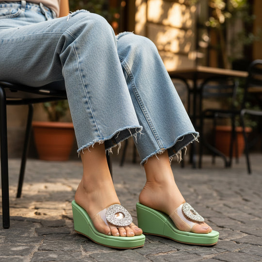 Green Transparent Pastel Wedges for Women - Casual & Party Wear - Image 1 - Cunei India