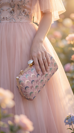 Light Pink Embroidered Chain Strap Clutch Bag