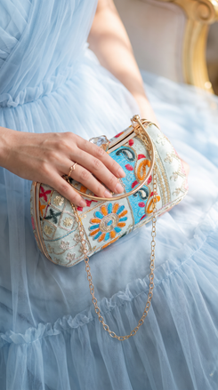 Light Blue Patchwork Chain Strap Clutch Bag