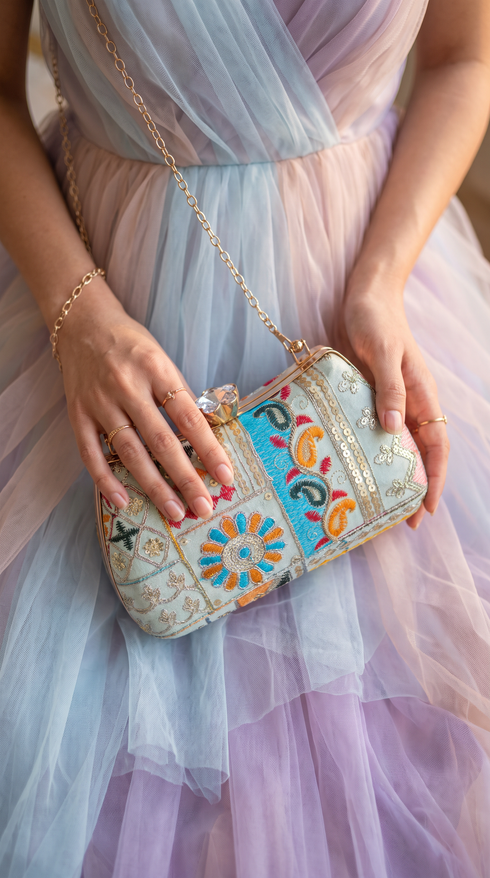 Light Blue Patchwork Chain Strap Clutch Bag
