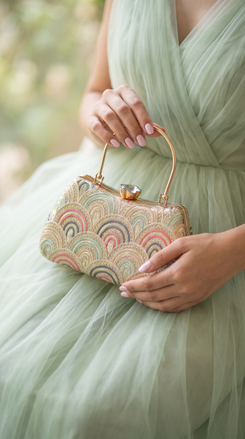 Light Green Embroidered Chain Strap Clutch Bag