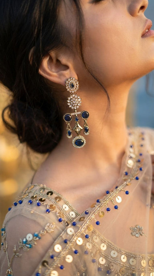 Navy Blue Floral Diamond Dangling Earrings for women, Cunei India