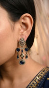 Navy Blue Floral Diamond Dangling Earrings side view, Cunei India