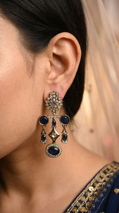 Navy Blue Floral Diamond Dangling Earrings side view, Cunei India