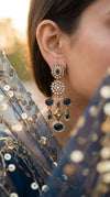 Navy Blue Floral Diamond Dangling Earrings detail, Cunei India