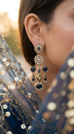 Navy Blue Floral Diamond Dangling Earrings detail, Cunei India