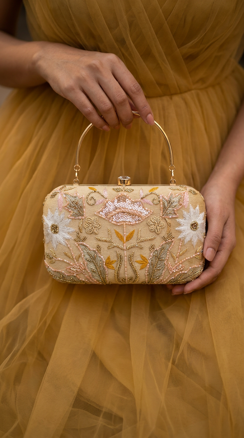 Nude Embroidered Party Clutch
