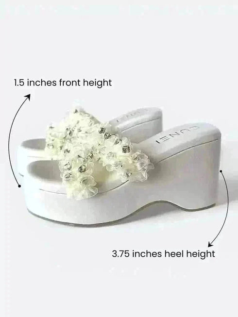 Off White Floral Frill Wedge Heels - cunei