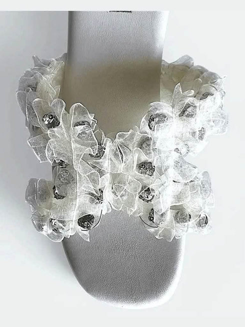 Off White Floral Frill Wedge Heels - cunei