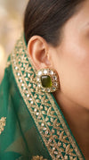 Olive Green and Clear Kundan Square Stud Earrings detail, Cunei India