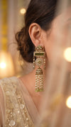 Olive Green Ethnic Jhumka with Pearl Beads side view, Cunei India