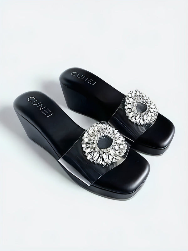 Womens Onyx Black Wedges with Transparent Strap