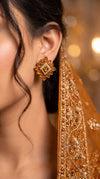 Orange and Gold Pearl Floral Stud Earrings side view, Cunei India