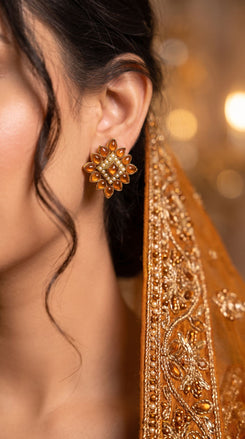 Orange and Gold Pearl Floral Stud Earrings side view, Cunei India