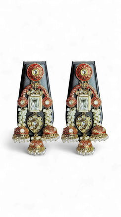 Orange and White Kundan Ethnic Jhumka Earrings for women, Cunei India