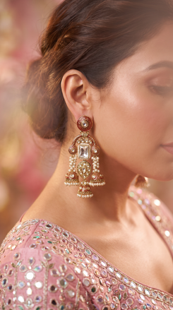 Orange and White Kundan Ethnic Jhumka Earrings side view, Cunei India