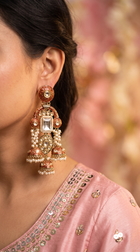 Orange and White Kundan Ethnic Jhumka Earrings product photo, Cunei India