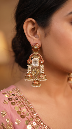 Orange and White Kundan Ethnic Jhumka Earrings detail, Cunei India