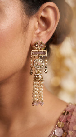 Pastel Pink Ethnic Jhumka with Pearl Beads side view, Cunei India